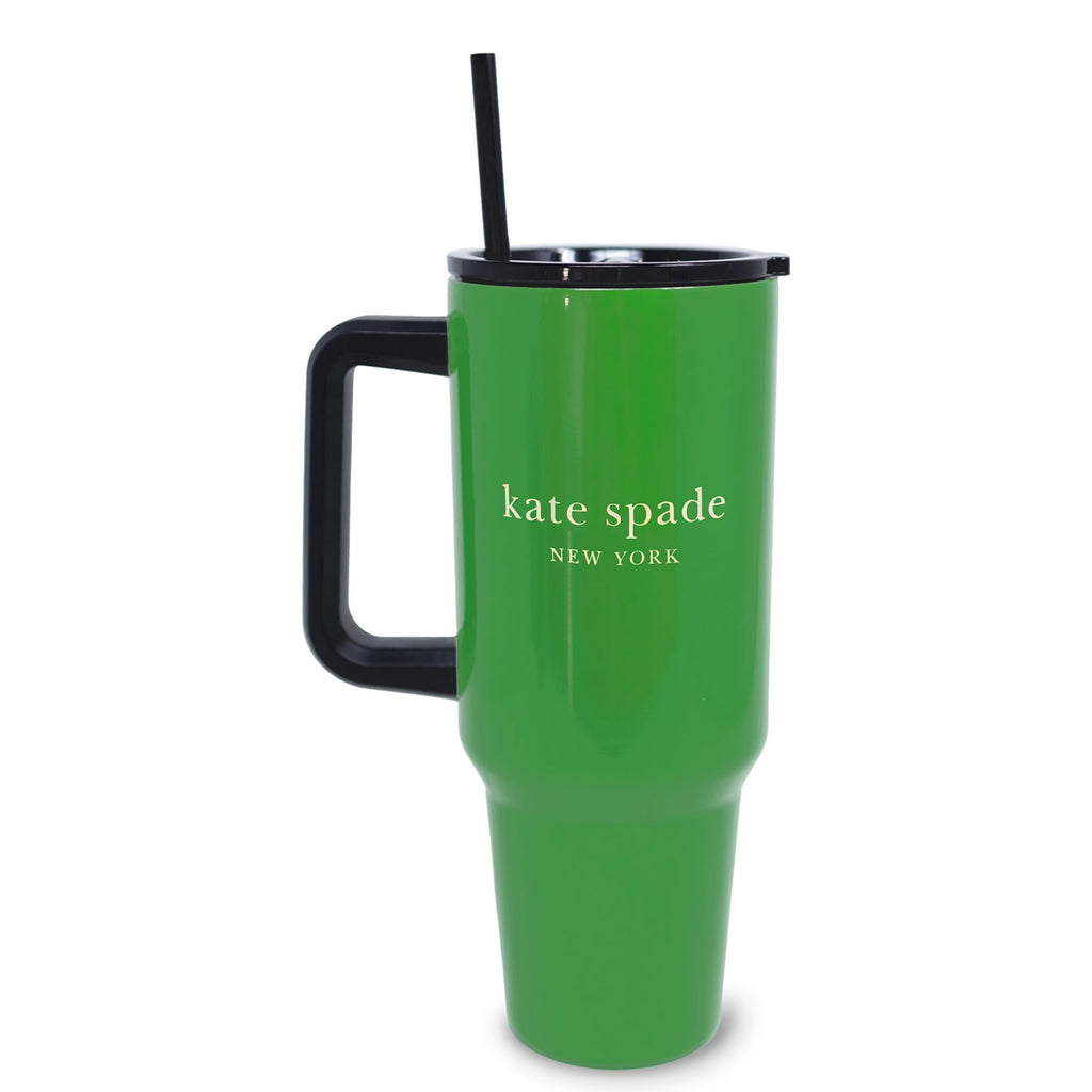 kate spade new york 40 Ounce Tumbler with Handle and Straw, Double Wall Stainless Steel Insulated Tumbler, Cupholder Friendly, Picture Dot