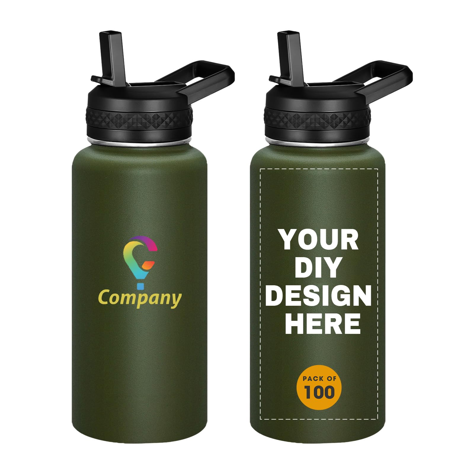 Personalized Custom Water Bottles with Text Logo Print in USA 32oz 10 Pcs Double Wall Stainless Steel Leakproof Wide Mouth Cups with Flip Straw