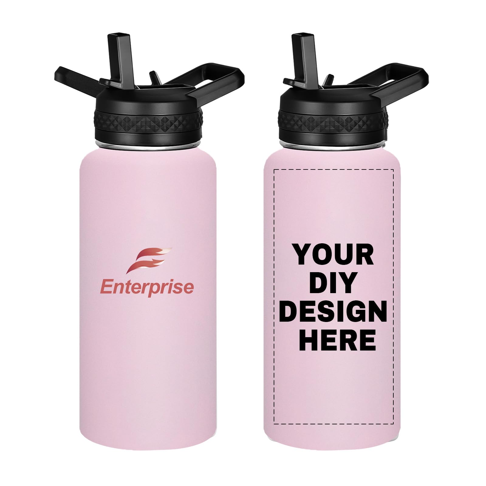 Personalized Custom Water Bottles with Text Logo Print in USA 32oz 10 Pcs Double Wall Stainless Steel Leakproof Wide Mouth Cups with Flip Straw