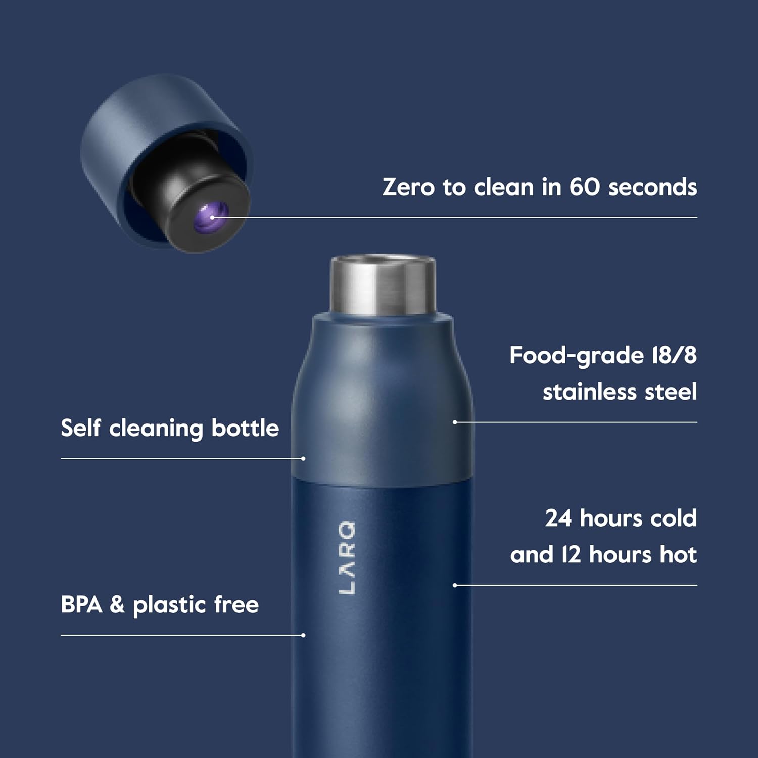 LARQ Bottle PureVis 17 oz - Self-Cleaning and Insulated Stainless Steel Water Bottle with UV Water Purifier and Award-winning Design | Reusable & Travel Friendly, Monaco Blue