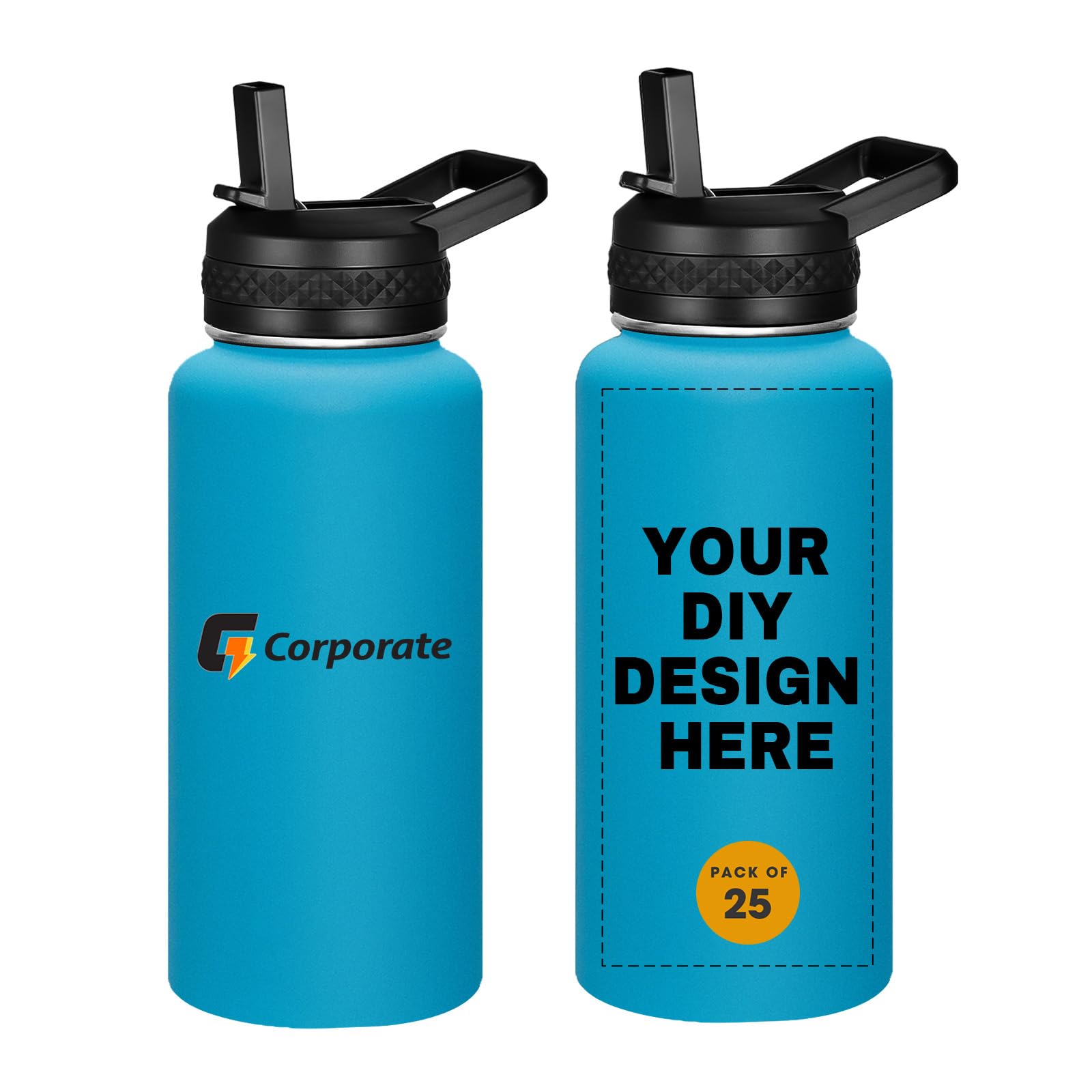 Personalized Custom Water Bottles with Text Logo Print in USA 32oz 10 Pcs Double Wall Stainless Steel Leakproof Wide Mouth Cups with Flip Straw