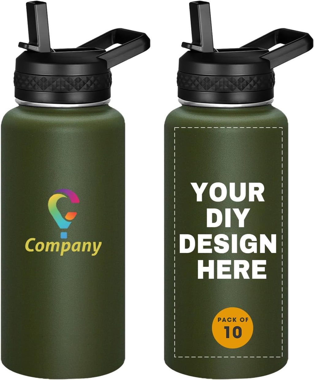 Personalized Custom Water Bottles with Text Logo Print in USA 32oz 10 Pcs Double Wall Stainless Steel Leakproof Wide Mouth Cups with Flip Straw