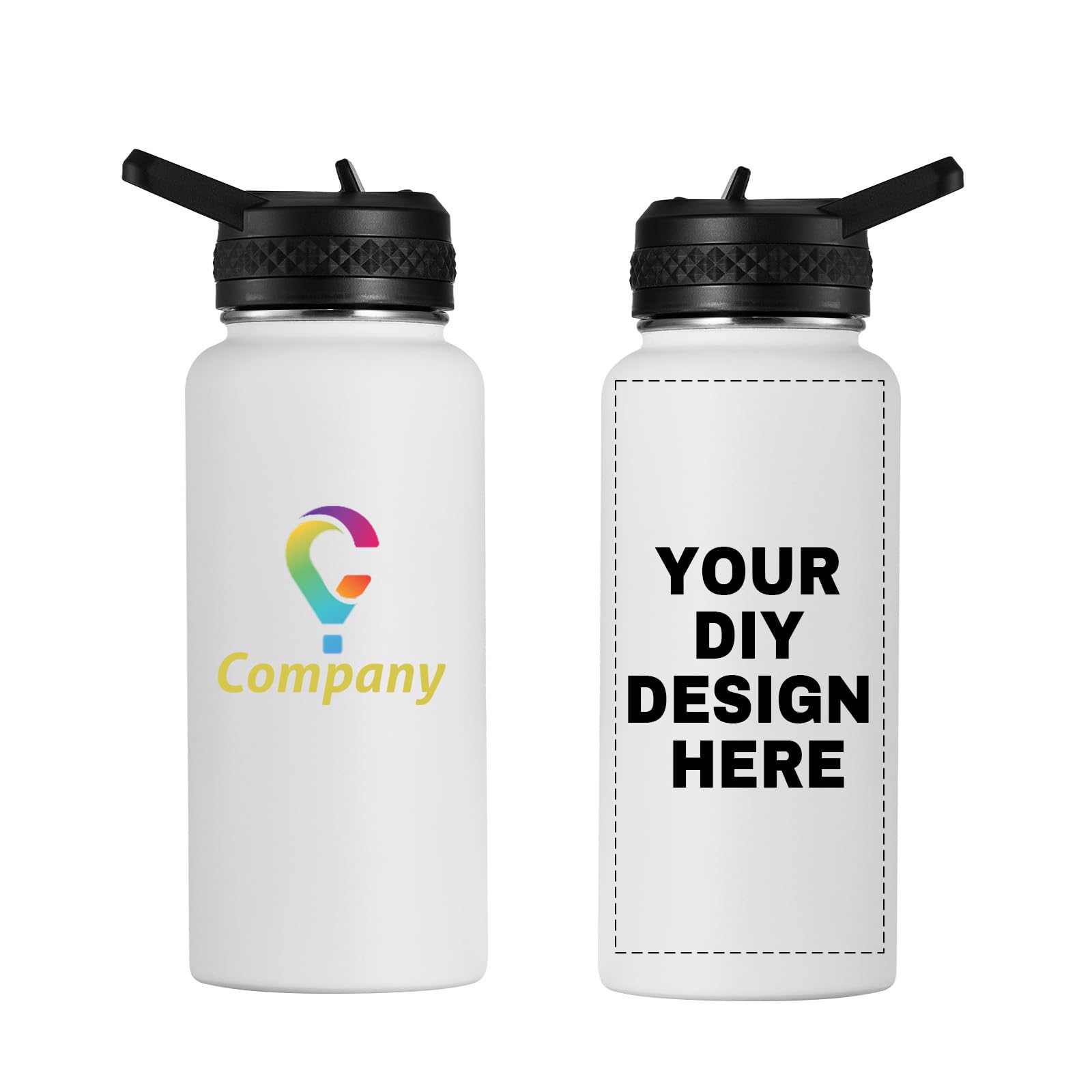 Personalized Custom Water Bottles with Text Logo Print in USA 32oz 10 Pcs Double Wall Stainless Steel Leakproof Wide Mouth Cups with Flip Straw