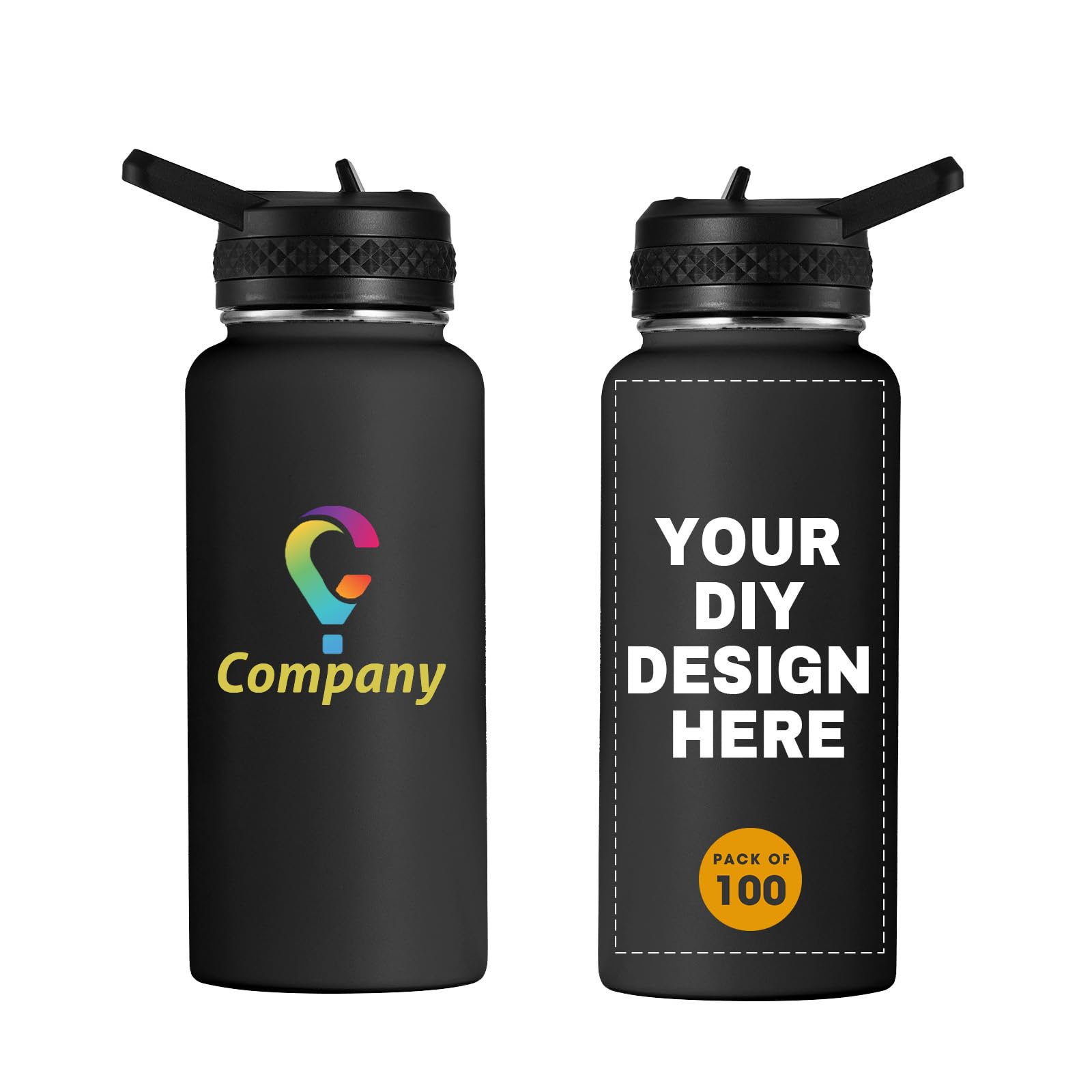 Personalized Custom Water Bottles with Text Logo Print in USA 32oz 10 Pcs Double Wall Stainless Steel Leakproof Wide Mouth Cups with Flip Straw