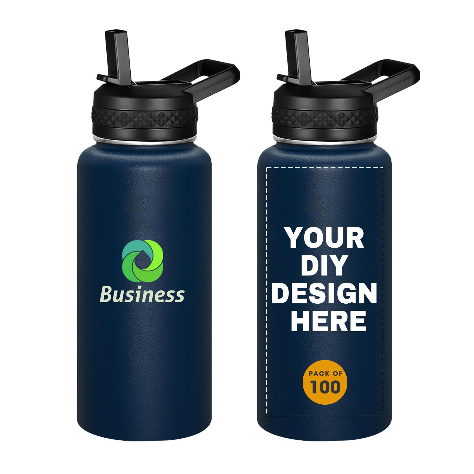 Personalized Custom Water Bottles with Text Logo Print in USA 32oz 10 Pcs Double Wall Stainless Steel Leakproof Wide Mouth Cups with Flip Straw