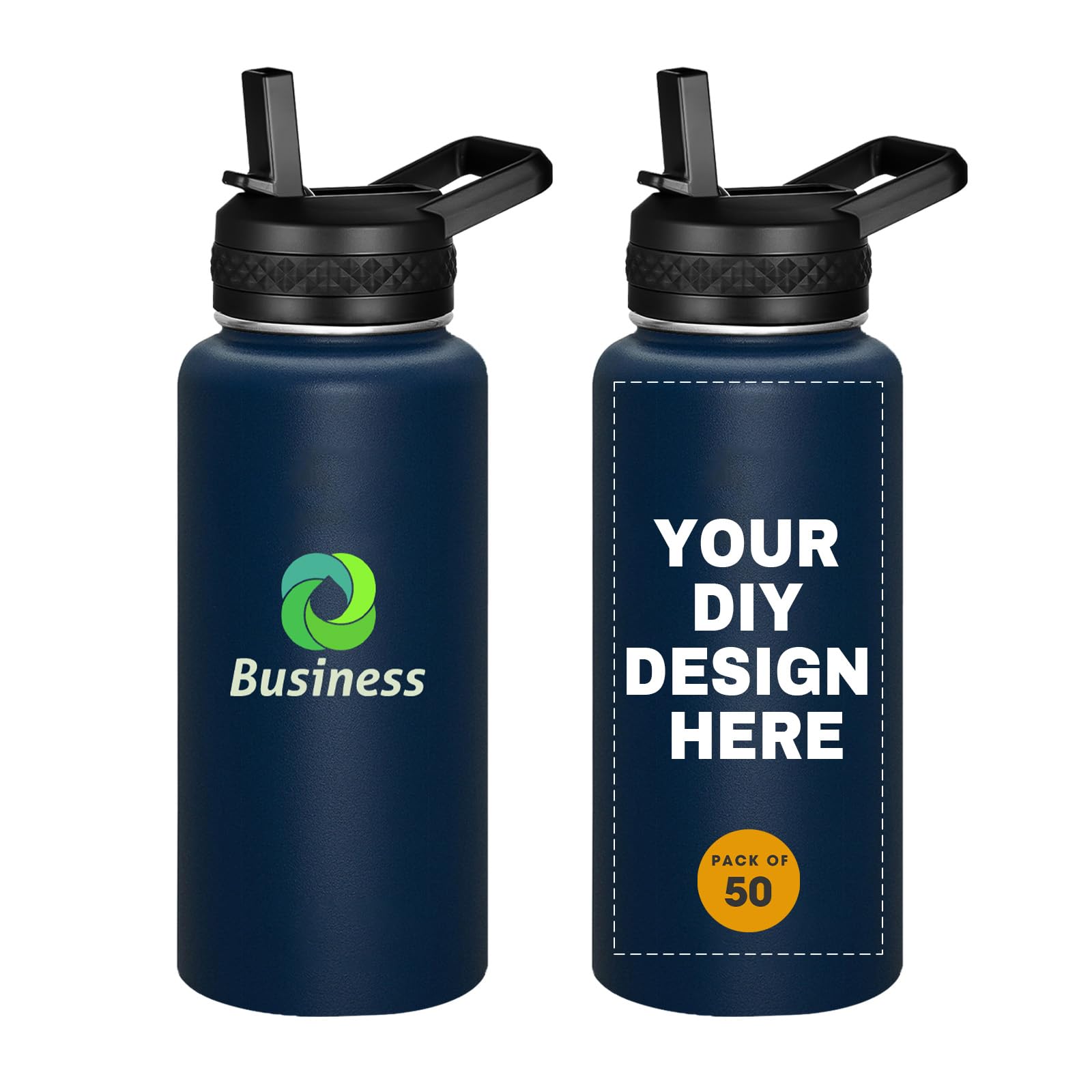 Personalized Custom Water Bottles with Text Logo Print in USA 32oz 10 Pcs Double Wall Stainless Steel Leakproof Wide Mouth Cups with Flip Straw