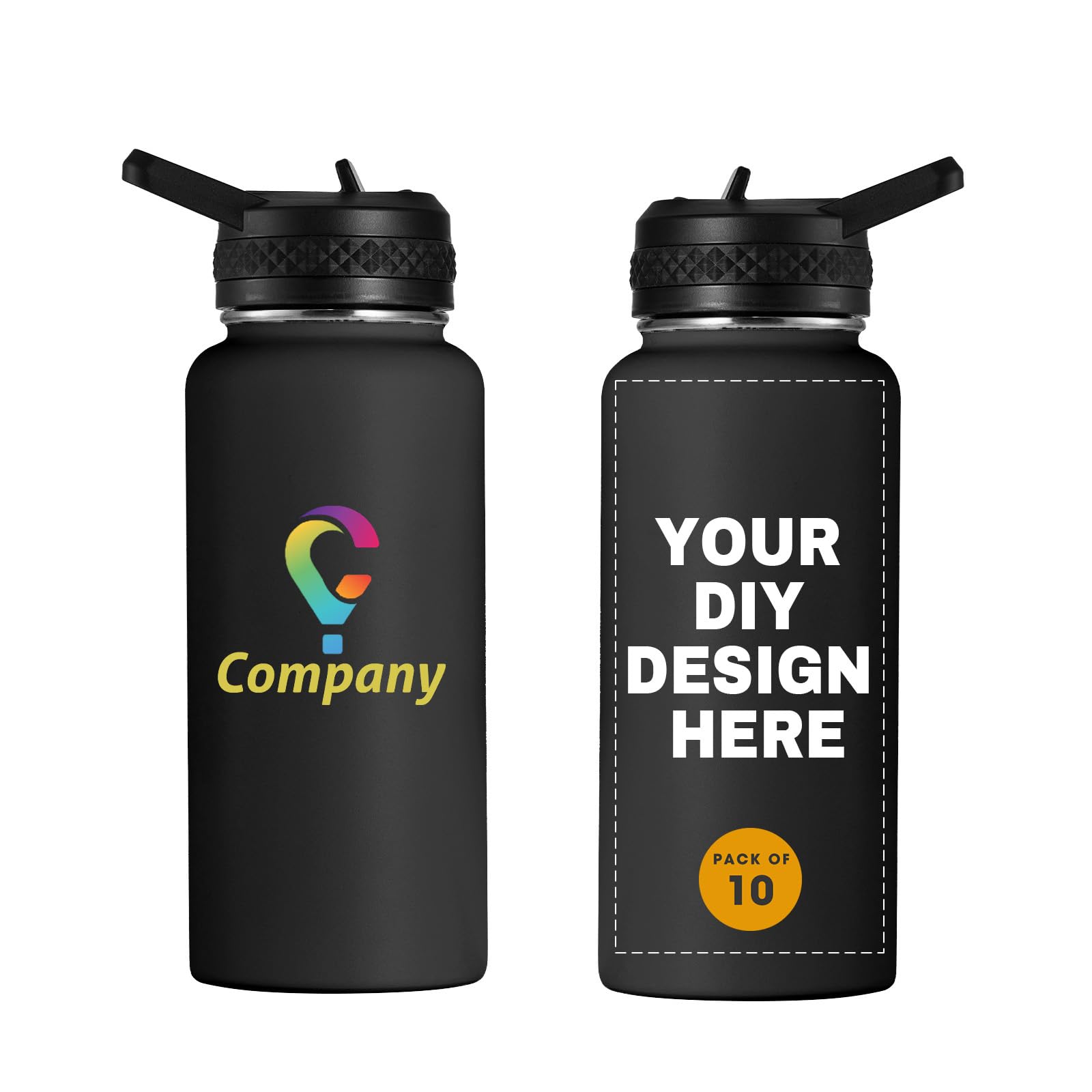 Personalized Custom Water Bottles with Text Logo Print in USA 32oz 10 Pcs Double Wall Stainless Steel Leakproof Wide Mouth Cups with Flip Straw