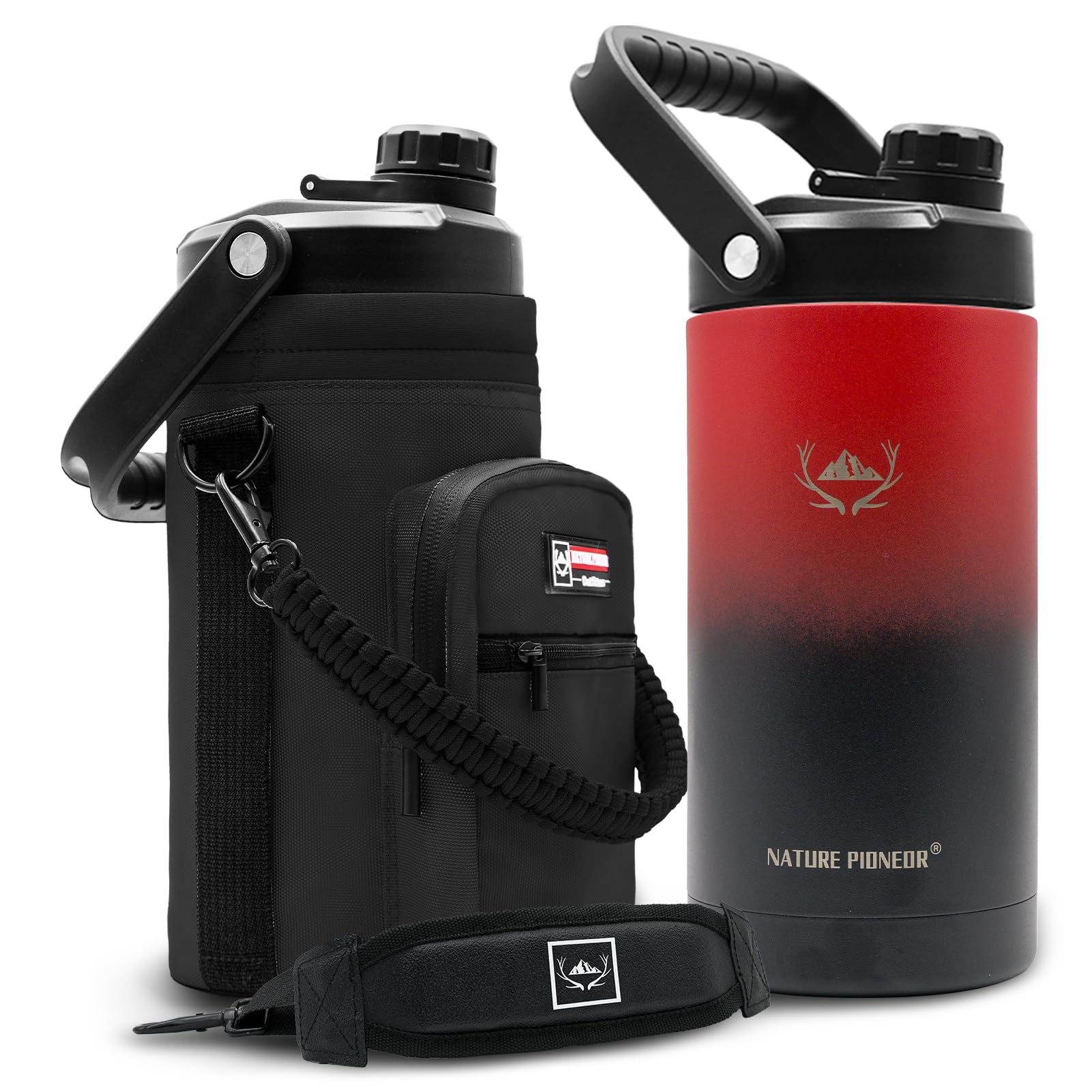 NATURE PIONEOR 1 Gallon Insulated Water Bottle - Double Vacuum Stainless Steel 128 oz Water Bottle with Holder/Carrier, Wide Mouth 1 gallon Water Jug for Outdoor Sports, Hiking, Camping, Gym