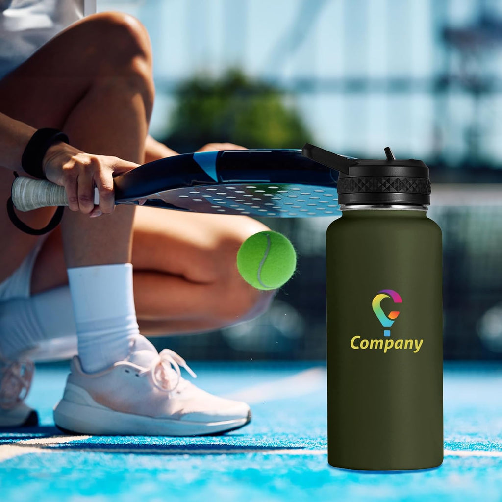 Personalized Custom Water Bottles with Text Logo Print in USA 32oz 10 Pcs Double Wall Stainless Steel Leakproof Wide Mouth Cups with Flip Straw