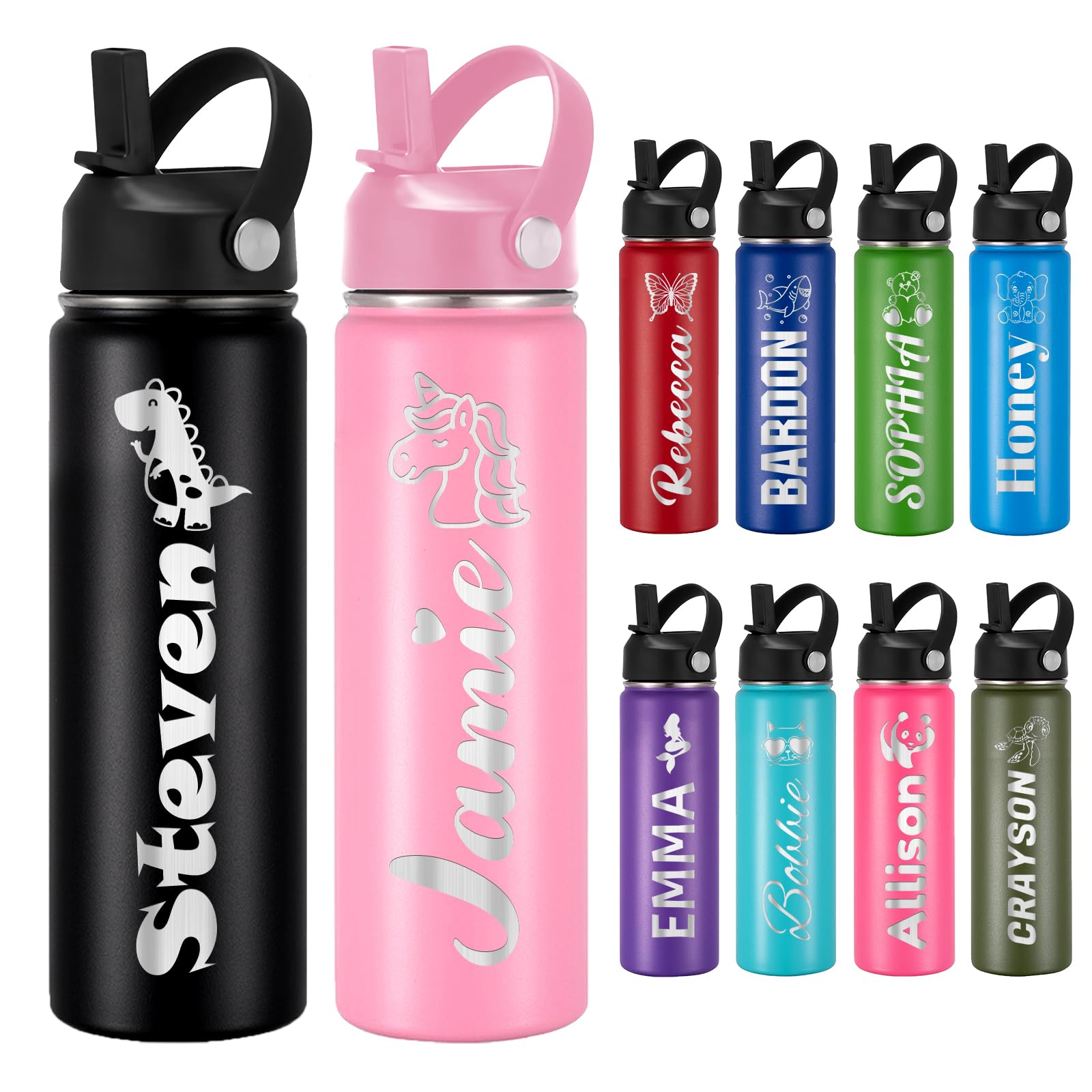 Custom Personalized Water Bottle for Kids Customized Water Bottles with Name Customizable Stainless Steel Insulated Cups 12/16/18/24/32/40 oz for School Girls Boys Toddler