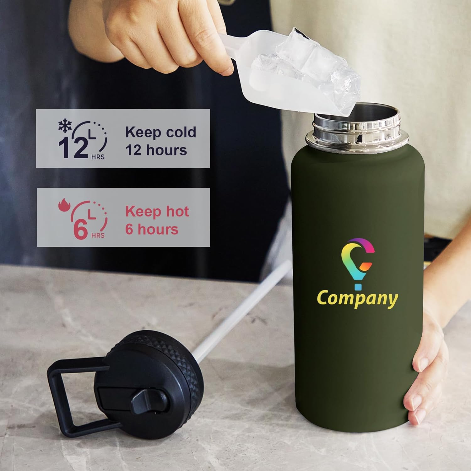 Personalized Custom Water Bottles with Text Logo Print in USA 32oz 10 Pcs Double Wall Stainless Steel Leakproof Wide Mouth Cups with Flip Straw