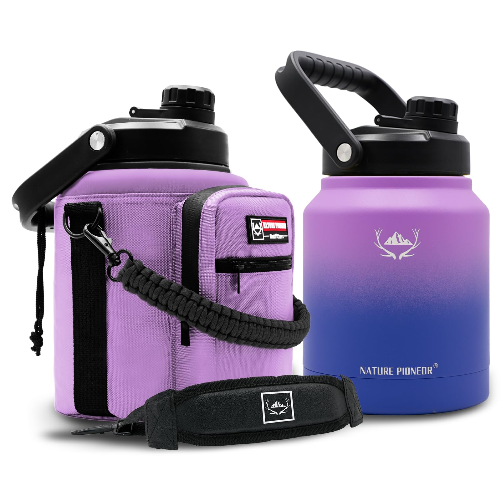 NATURE PIONEOR 1 Gallon Insulated Water Bottle - Double Vacuum Stainless Steel 128 oz Water Bottle with Holder/Carrier, Wide Mouth 1 gallon Water Jug for Outdoor Sports, Hiking, Camping, Gym