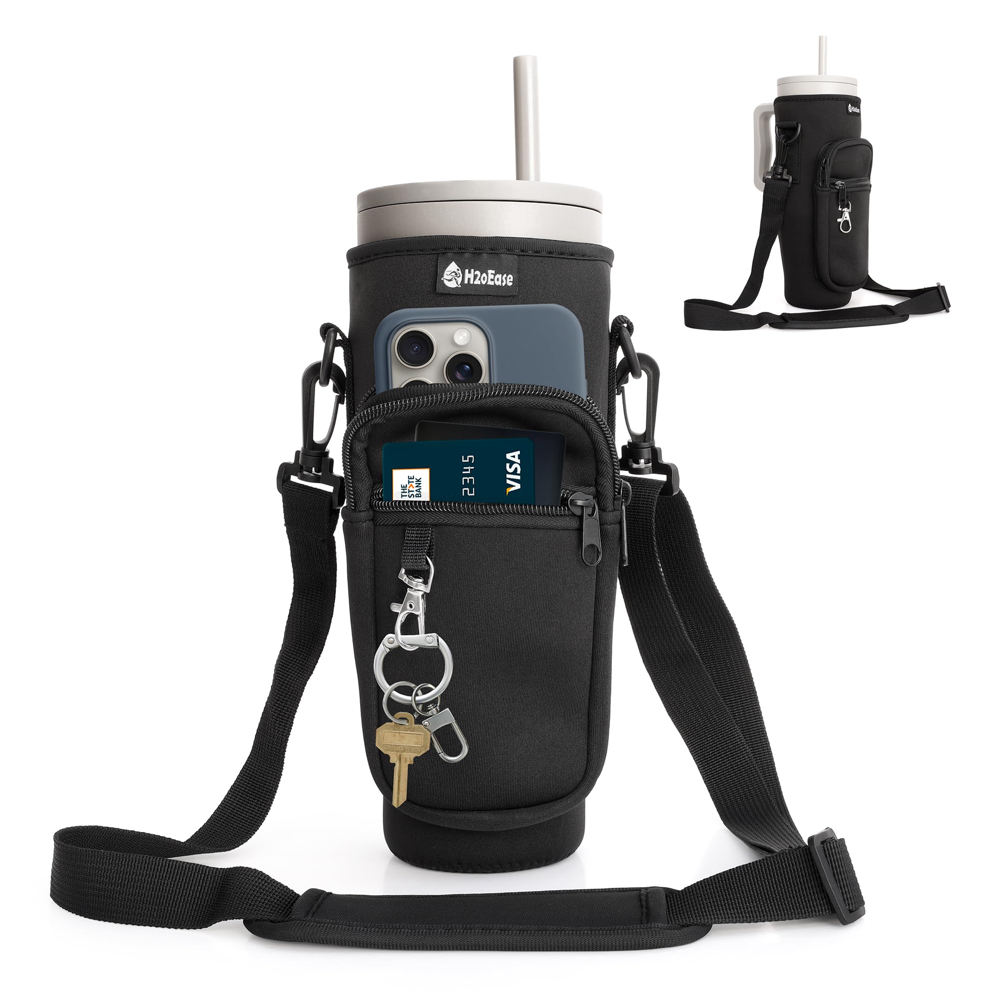 Water Bottle Carrier Bag for Stanley Cup 40 oz - Insulated Neoprene Tumbler Carrier with Phone Pocket - Water Bottle Holder with Strap and Carabiner Compatible with Stanley - Multi
