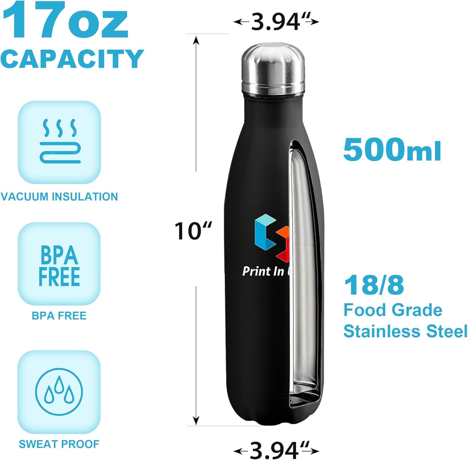 Personalized Custom Print in USA Water Bottles 10Pcs 17oz Stainless Steel Double Wall Insulated Leakproof Cups for Sports Outdoors With Colorful Text Logo