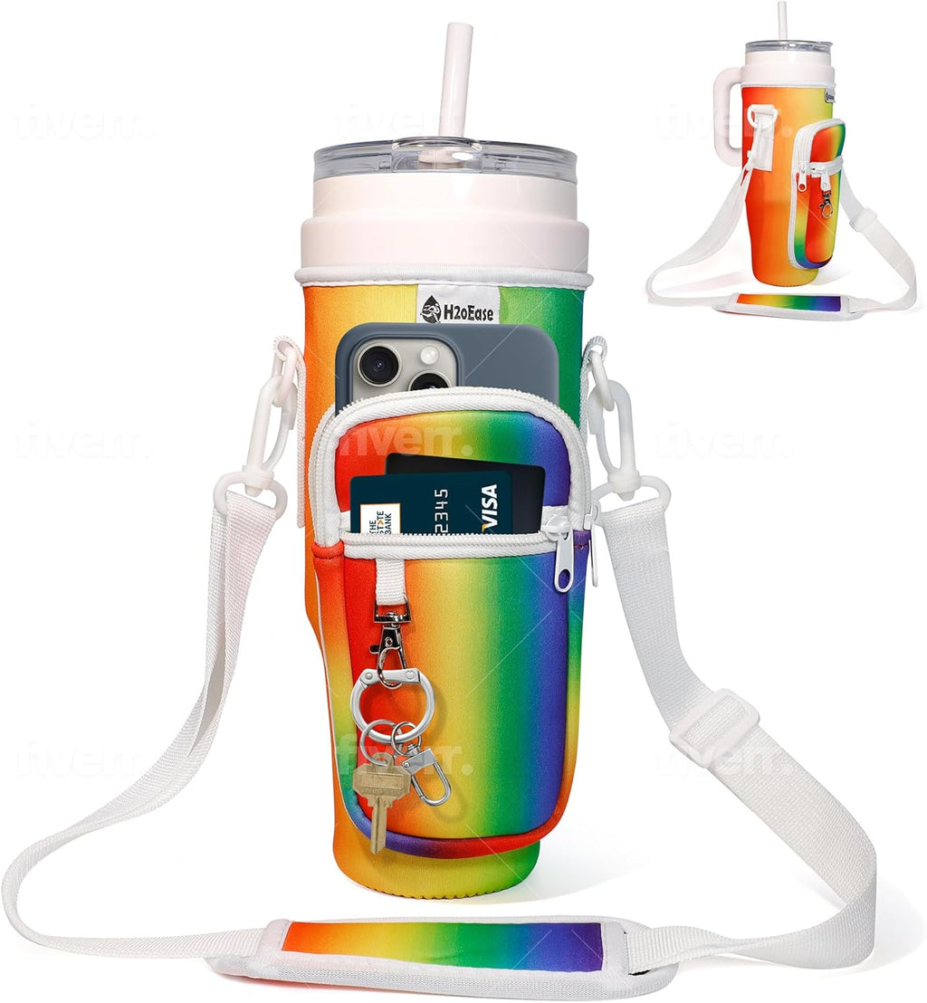 Water Bottle Carrier Bag for Stanley Cup 40 oz - Insulated Neoprene Tumbler Carrier with Phone Pocket - Water Bottle Holder with Strap and Carabiner Compatible with Stanley - Multi