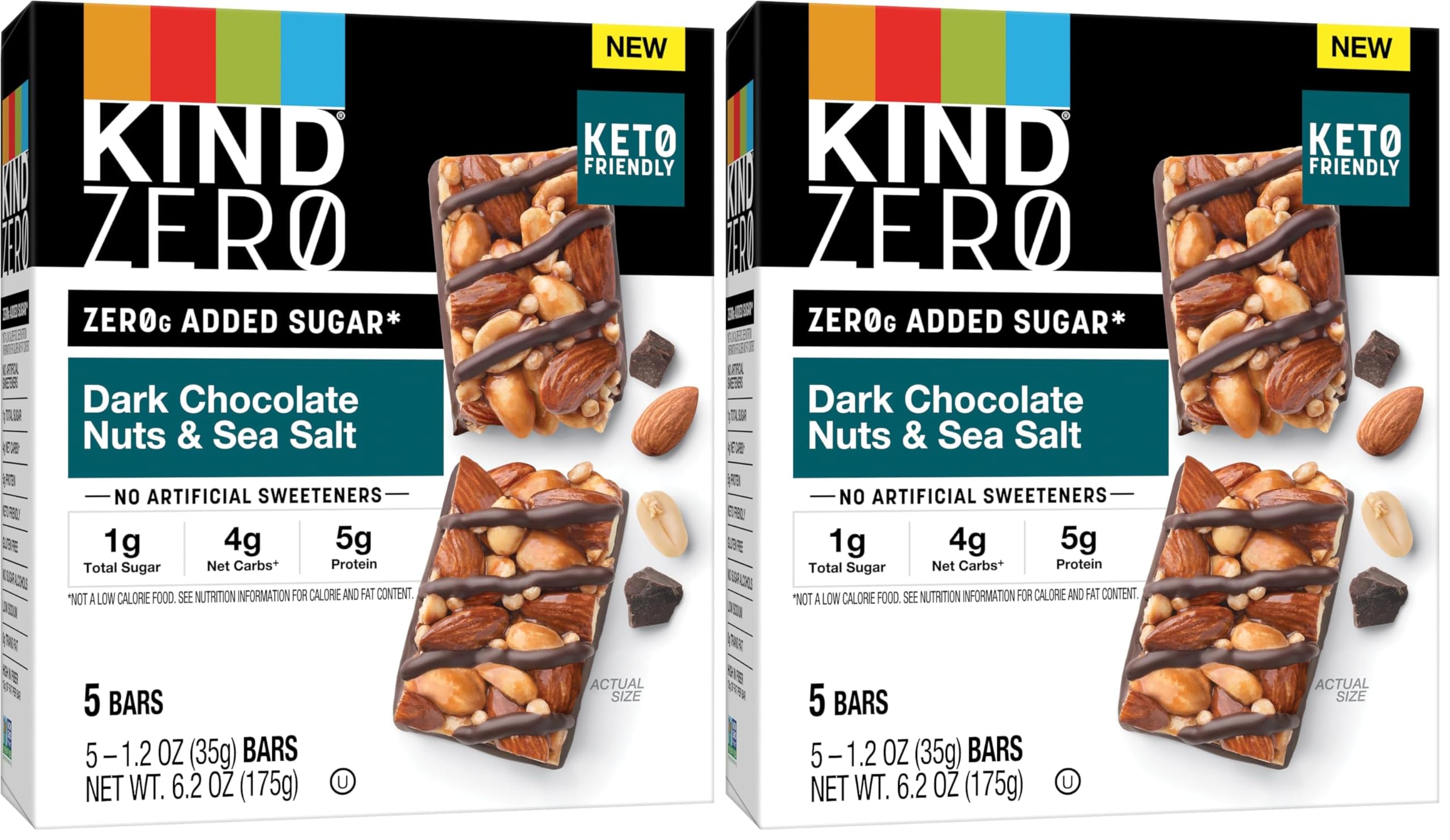 KIND ZERO Added Sugar Bars, Dark Chocolate Nuts and Sea Salt, Keto Friendly Snacks, Gluten Free, 5g Protein, 5 Count