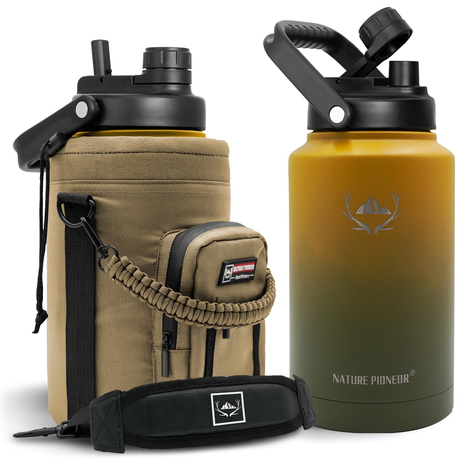 NATURE PIONEOR 1 Gallon Insulated Water Bottle - Double Vacuum Stainless Steel 128 oz Water Bottle with Holder/Carrier, Wide Mouth 1 gallon Water Jug for Outdoor Sports, Hiking, Camping, Gym