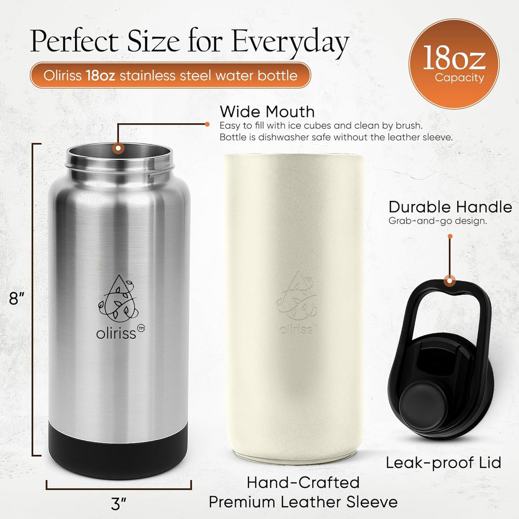 Reusable Water Bottle Leather Flask – 18Oz Stainless Steel Bottle with Genuine Handmade Leather Pouch – Double Wall Insulated Design with Wide Mouth – Leakproof Lid and Ergonomic Handle